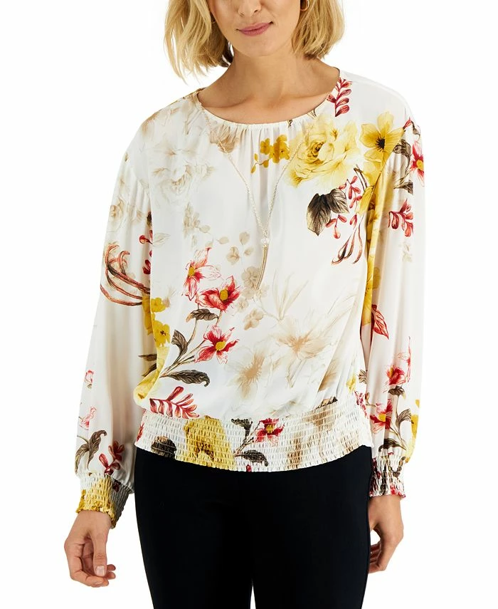 JM Collection Women's Printed Smocked Necklace Top, Created For Macy's 3 JM Collection Women's Printed Smocked Necklace Top, Created For Macy's