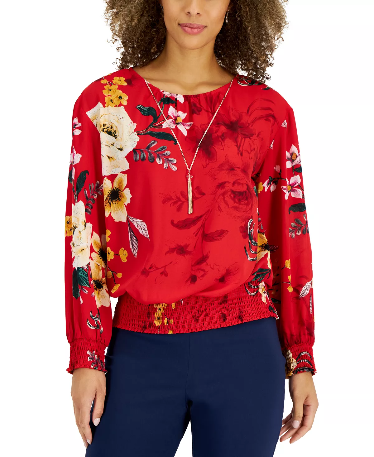 JM Collection Women's Printed Smocked Necklace Top, Created For Macy's 7 JM Collection Women's Printed Smocked Necklace Top, Created For Macy's - Image 5