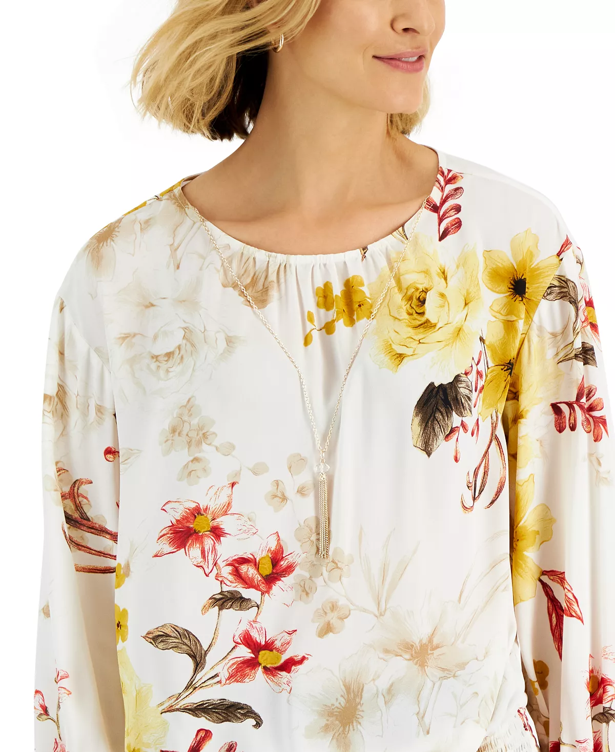 JM Collection Women's Printed Smocked Necklace Top, Created For Macy's 5 JM Collection Women's Printed Smocked Necklace Top, Created For Macy's - Image 3