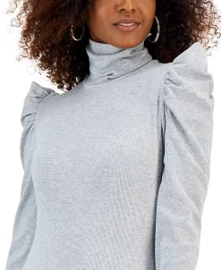 INC International Concepts Women's Metallic Ribbed Puff-Sleeve Turtleneck Top, Created For Macy's -Clothing Shop 22270476 fpx