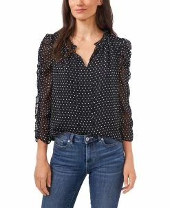 CeCe Women's Long Sleeve Ruffled Duet Mini Dot Blouse