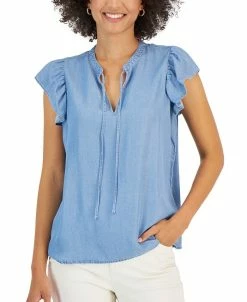 Style & Co Women's Chambray Flutter-Sleeve Top, Created For Macy's