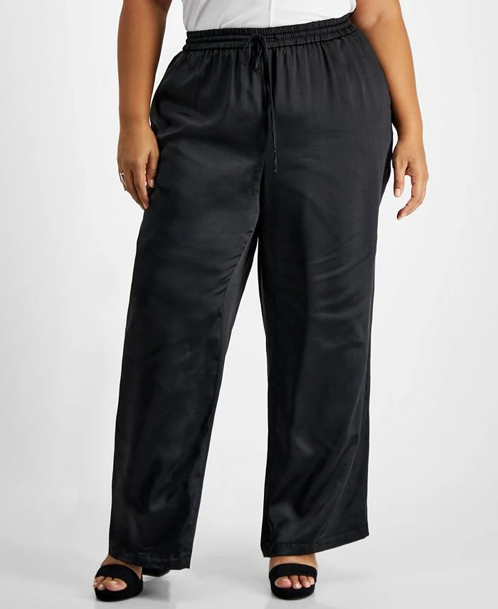 Bar III Plus Size Washed Satin Pull-On Wide-Leg Pants, Created For Macy's 3 Bar III Plus Size Washed Satin Pull-On Wide-Leg Pants, Created For Macy's