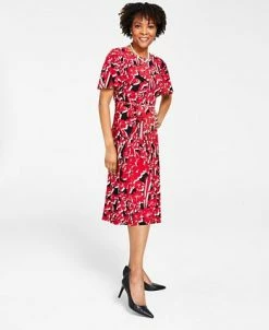 Kasper Printed Flutter-Sleeve Belted Dress -Clothing Shop 22344340 fpx