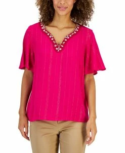 JM Collection Women's Embellished Split-Neck Top, Created For Macy's