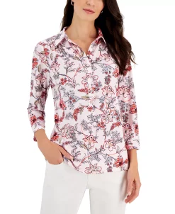 Charter Club Women's Floral Paisley Polo Top, Created For Macy's