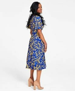 Kasper Printed Flutter-Sleeve Belted Dress -Clothing Shop 22406966 fpx