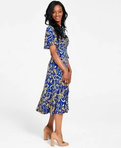 Kasper Printed Flutter-Sleeve Belted Dress -Clothing Shop 22406967 fpx