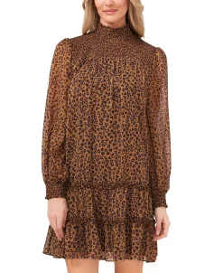 CeCe Women's Long Sleeve Smocked Leopard Dress -Clothing Shop 22417375 fpx