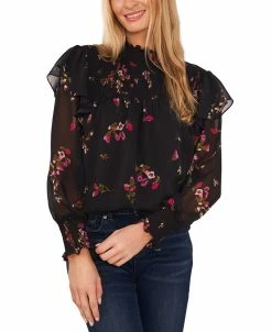 CeCe Women's Printed Smocked-Neck Top