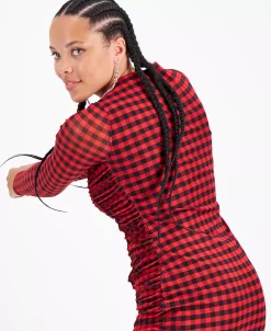 Bar III Women's Checkered Square-Neck Mesh-Overlay Ruched Mini Dress, Created For Macy's -Clothing Shop 22502623 fpx