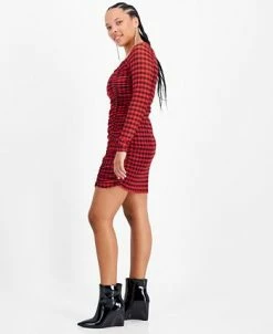 Bar III Women's Checkered Square-Neck Mesh-Overlay Ruched Mini Dress, Created For Macy's -Clothing Shop 22502625 fpx
