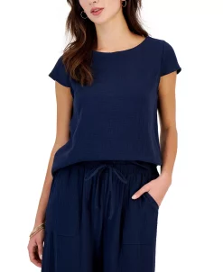 Style & Co Women's Crinkled Gauze Cap-Sleeve Top, Created For Macy's