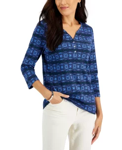 Karen Scott Women's 3/4-Sleeve Snowflake Henley Top, Created For Macy's