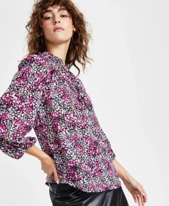Bar III Women's Floral-Print Tie-Neck Peasant Blouse, Created For Macy's -Clothing Shop 22562704 fpx