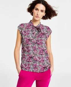 Bar III Women's Ditsy Floral Print Tie-Neck Top, Created For Macy's