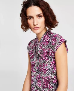 Bar III Women's Ditsy Floral Print Tie-Neck Top, Created For Macy's -Clothing Shop 22562816 fpx