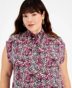 Bar III Plus Size Ditsy Floral-Print Tie-Neck Top, Created For Macy's -Clothing Shop 22564316 fpx