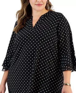 Kasper Plus Size Dot-Print Flutter-Sleeve Blouse -Clothing Shop 22567915 fpx