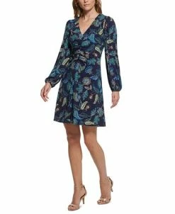 Vince Camuto Women's Printed V-Neck Ruched-Front Dress -Clothing Shop 22569103 fpx