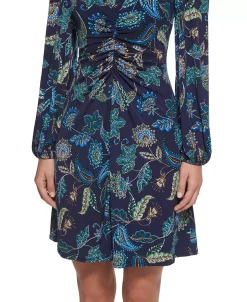 Vince Camuto Women's Printed V-Neck Ruched-Front Dress -Clothing Shop 22569104 fpx