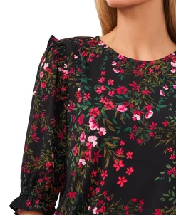 CeCe Women's Floral-Print 3/4-Sleeve Ruffle-Shoulder Top -Clothing Shop 22683898 fpx
