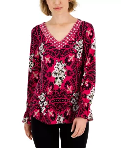 JM Collection Women's Savannah Stencil Rhinestone-Studded Tunic, Created For Macy's -Clothing Shop 22718637 fpx