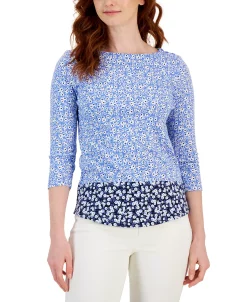 Charter Club Women's Colorblocked Boat-Neck 3/4-Sleeve Top, Created For Macy's -Clothing Shop 22722874 fpx