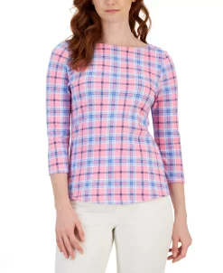 Charter Club Women's Plaid Boat-Neck 3/4-Sleeve Top, Created For Macy's -Clothing Shop 22722876 fpx