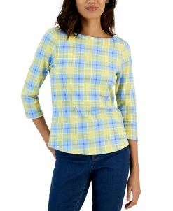 Charter Club Women's Plaid Boat-Neck 3/4-Sleeve Top, Created For Macy's