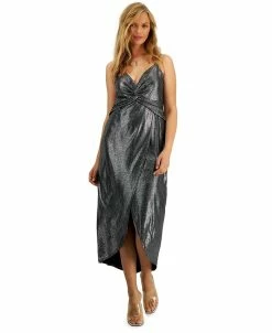 Bar III Women's Shimmering Metallic Faux-Wrap Style Dress, Created For Macy's