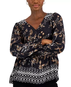 Style & Co Women's Printed V-Neck Peasant Top, Created For Macy's 8 Style & Co Women's Printed V-Neck Peasant Top, Created For Macy's -Clothing Shop 22759644 fpx