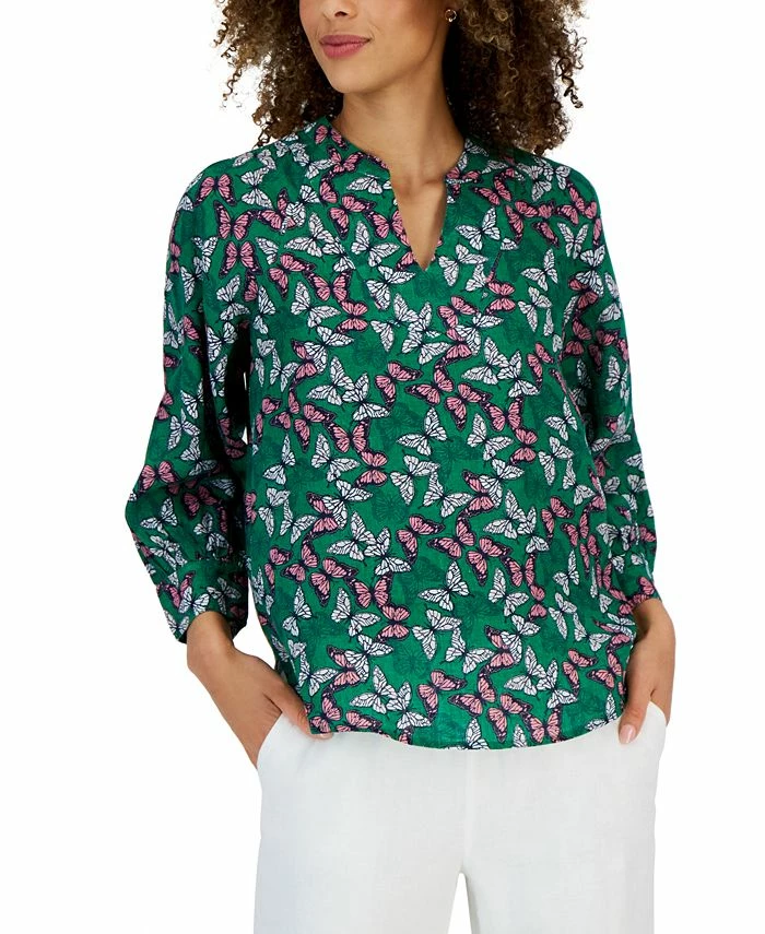 Charter Club Women's Linen Printed Split-Neck Top, Created For Macy's 3 Charter Club Women's Linen Printed Split-Neck Top, Created For Macy's