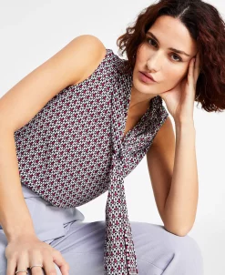 Bar III Women's Geo Print Sleeveless Bow-Tie Blouse -Clothing Shop 22803143 fpx