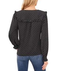 CeCe Women's Printed V-Neck Long-Sleeve Ruffle-Trim Top -Clothing Shop 22850379 fpx