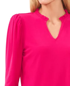 CeCe Women's Solid Puff-Sleeve Split-Neck Top -Clothing Shop 22853162 fpx