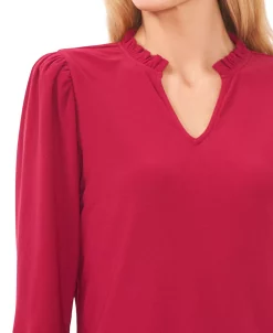 CeCe Women's Solid Puff-Sleeve Split-Neck Top -Clothing Shop 22853167 fpx