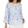 Charter Club Women's Linen Printed 3/4-Sleeve Top, Created For Macy's
