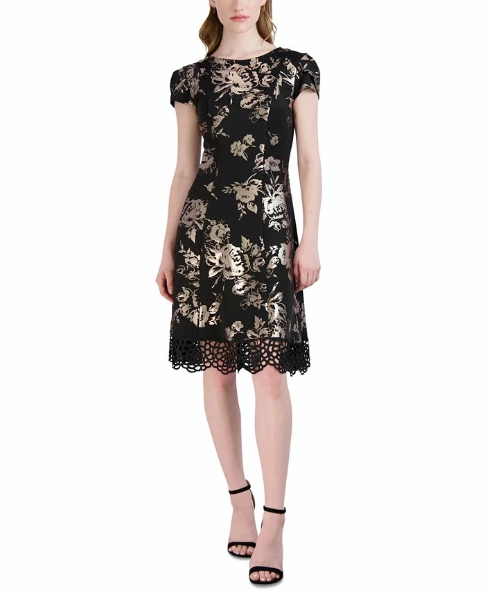 Donna Ricco Women's Tulip-Sleeve Lace-Hem Fit & Flare Dress 3 Donna Ricco Women's Tulip-Sleeve Lace-Hem Fit & Flare Dress