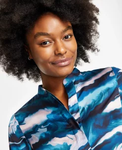 Anne Klein Women's Band-Collar Marble-Print Satin Tunic -Clothing Shop 22907567 fpx