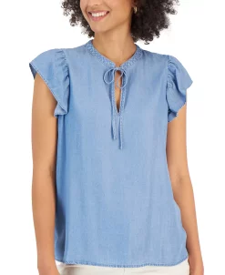 Style & Co Women's Chambray Flutter-Sleeve Top, Created For Macy's -Clothing Shop 22914670 fpx
