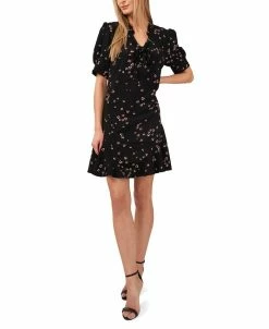 CeCe Women's Puff Sleeve V-neck Printed Dress With Tie