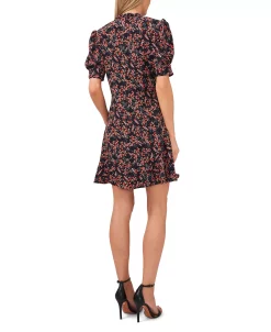 CeCe Women's Puff Sleeve V-neck Printed Dress With Tie -Clothing Shop 22938456 fpx