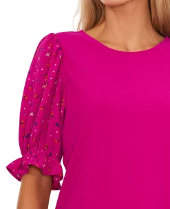 CeCe Women's Mixed Media Puff Sleeve Top -Clothing Shop 22948210 fpx