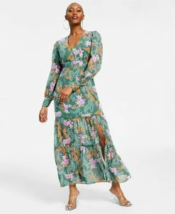 Bar III Women's Printed Long-Sleeve Slit-Hem Maxi Dress, Created For Macy's