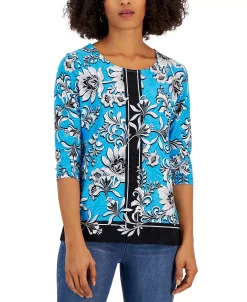 JM Collection Women's Jazz Wallpaper 3/4-Sleeve Top, Created For Macy's -Clothing Shop 22967791 fpx