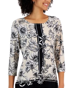 JM Collection Women's Jazz Wallpaper 3/4-Sleeve Top, Created For Macy's -Clothing Shop 22967796 fpx