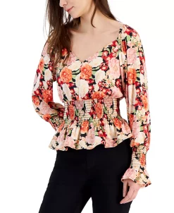 INC International Concepts Printed V-Neck Smocked Blouse, Created For Macy's -Clothing Shop 22986667 fpx
