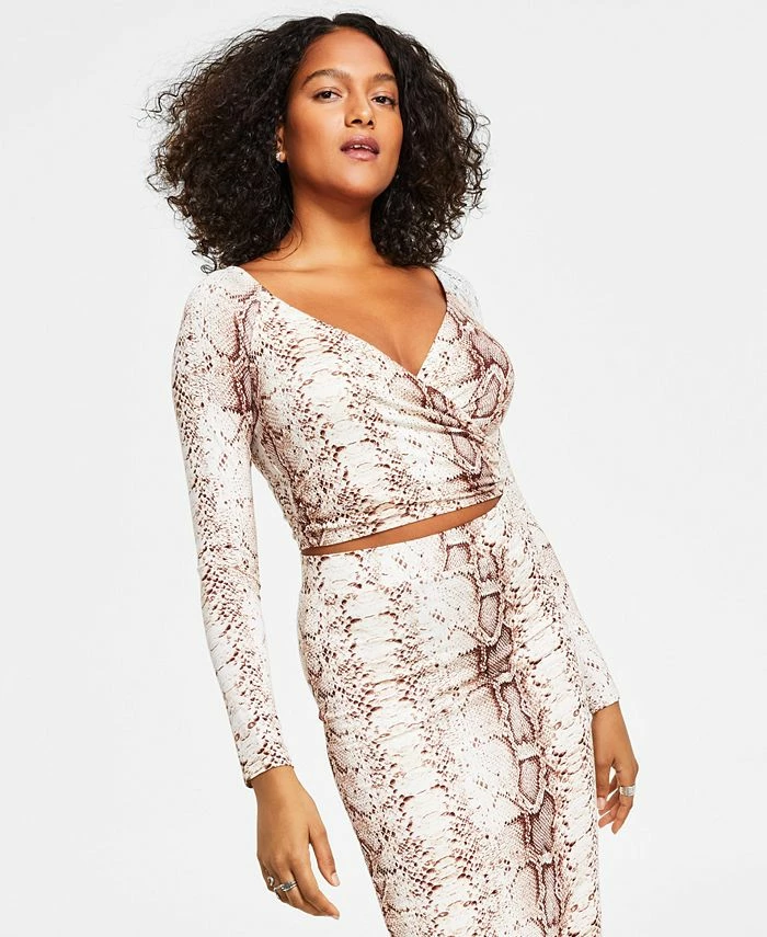 Bar III Women's Snakeskin-Print Long-Sleeve Surplice Cropped Top, Created For Macy's 3 Bar III Women's Snakeskin-Print Long-Sleeve Surplice Cropped Top, Created For Macy's