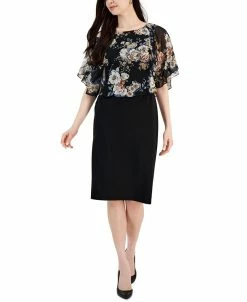 Connected Women's Round-Neck Chiffon Cape-Overlay Dress